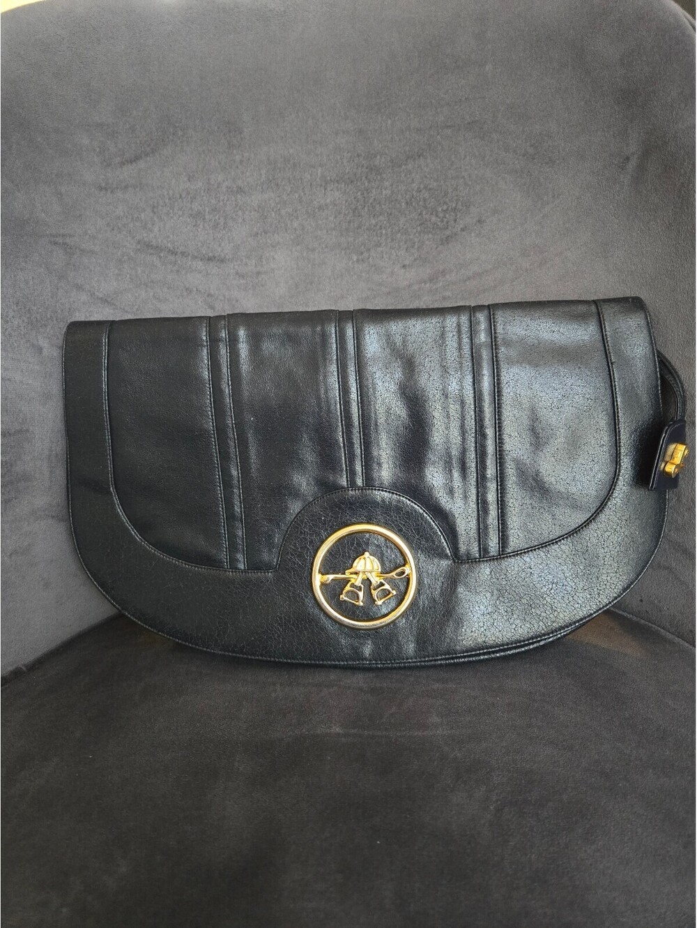 Lou Taylor Vintage Genuine LeatherEquestrian Crest Clutc Made in Italy Navy Blue